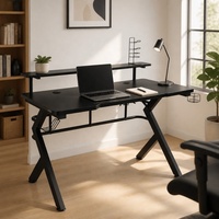 Bureau de jeu moderne en métal durable avec éclairage LED, étagère pour moniteur, crochet pour casque, porte-gobelet, design ergonomique, surface en MDF, pour salle de jeu ou maison
