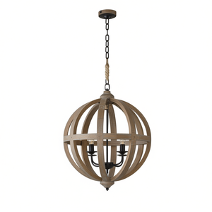Lustre sphérique en bois à 4 lumières, luminaire suspendu à chaîne réglable pour cuisine, salle à manger, hall d'entrée, forme ronde marron - Product Image 1