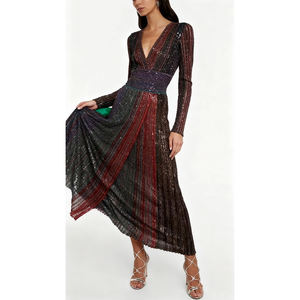 Kadın uzun kollu v yaka pileli abiye, ziyafet parti için yarık ile yüksek bel kıyafeti, balo gece - Product Image 2