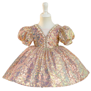 Abito da Principessa per Bambine 2025 Nuovo Vestito da Compleanno con Gonna Voluminosa in Poliestere, Silhouette a Linea A, Motivo con Paillettes, per Esibizioni di Pianoforte - Product Image 5