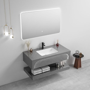 Mueble de Baño de Cerámica sin Juntas con Lavabo Integrado Gris, Unidad Montada en la Pared con Espejo - Product Image 1