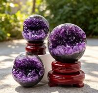 Boule d'améthyste naturelle en gros, sphère à bouche ouverte, cristal de guérison, décoration Feng Shui pour la maison, ornement en bois sculpté et gravé
