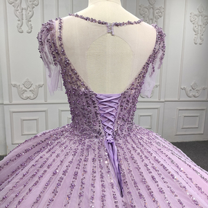Robes de soirée élégantes pour femmes 9919, couleur pourpre, avec perles, manches courtes, col en V, dentelle, robes de bal - Product Image 4