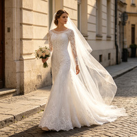 Robe de Mariée Longue à Manches en Dentelle, Forme Trapèze, Robe Nuptiale de Mariage