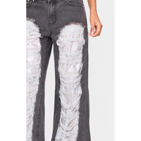 Jeans délavés à panneau de paillettes en détresse vintage pantalon baggy taille moyenne à jambe droite pantalon effiloché coupe décontractée pour femmes