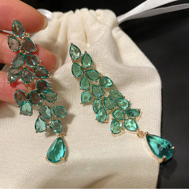 Luxury Crystal Tassel Earrings Diamond Dangle Earrings Green Leaf Tassels Long Crystal Dangle Earrings for Women