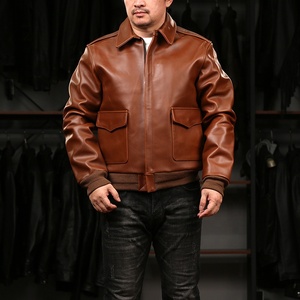 Bomber <span class=keywords><strong>pilote</strong></span> Cheep <span class=keywords><strong>cuir</strong></span> véritable épaissi peau de vache veste hommes décontracté marron épaissi Version courte peau de vache veste vêtements - Product Image 2