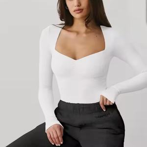 Blusa al por Mayor para Mujer, Tops con Logotipo Personalizado, Cuello Cuadrado, Blusa de Algodón Elástico de Manga Larga, Top Corto - Product Image 1