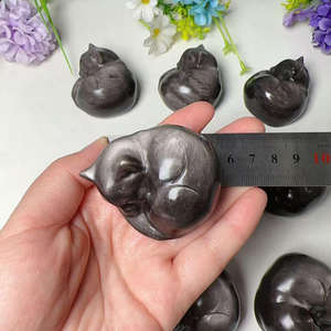 Figura de Gato Tallada en Piedra de Cristal para Sanación, con Brillo Plateado Natural, Obsidiana, Gato Durmiente - Product Image 2
