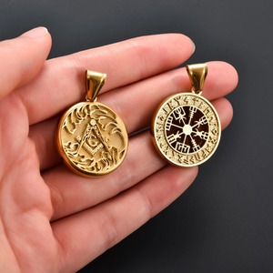 Collier pendentif rond vintage en acier inoxydable pour femmes et hommes, chaîne couleur or, breloques religieuses, accessoires de bijoux en métal DIY - Product Image 4
