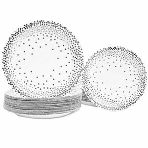 Assiettes jetables modernes en papier pour dîner et dessert, 150 pièces, 50 portions, fournitures de fête argentées pour mariages, anniversaires et autres événements - Product Image 5