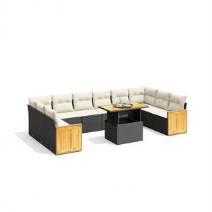 Ensemble de canapés de jardin noir et crème en rotin et teck, mobilier d'extérieur 6 places, résistant aux intempéries, design contemporain - Product Image 1