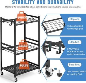 Garden Organizer Wheels Yard Tower Rack Non-Folding Garage Storage 35 Long-Handled <strong>Tools</strong> Sturdy Metal Holder 3 <strong>Hooks</strong> - Product Image 2