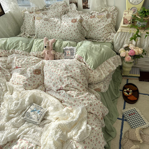 Hàn Quốc Phiên Bản Tinh Khiết Bông Bộ Đồ Giường Đặt Bốn Mảnh Ren Mộc Mạc Chải Giường Váy Tấm Tấm Gối Vỏ Chăn Bì<span class=keywords><strong>a</strong></span> Bộ - Product Image 1