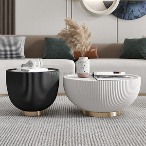 Tables basses rondes modernes et minimalistes, plateau en dalle de marbre, bord en métal doré, base à nervures verticales, mobilier pour hall d'hôtel, salon - Product Image 4