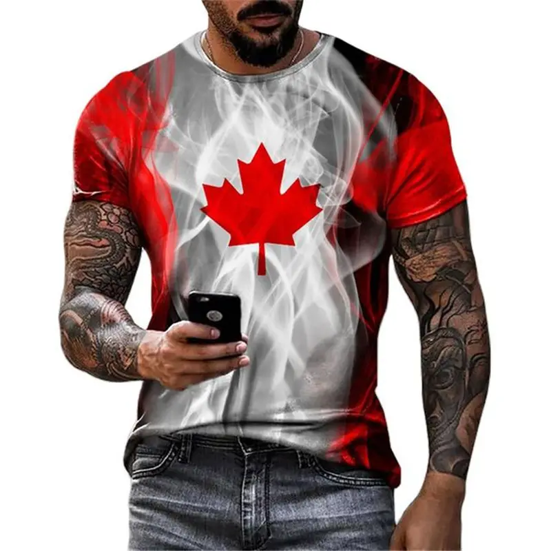 メンズシャツ3Dプリンティングカナダメープルリーフフラッグ3DプリントメンズTシャツサマーラウンドネックルーズ半袖特大Tシャツ