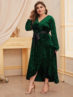 Vente chaude Vert Velours À Manches Longues Maxi Robe Col V Fendu Plus La Taille 4XL Robe Avec Ceintures