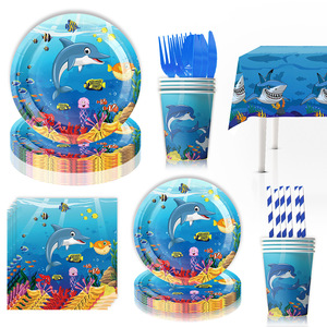 Cá mập xanh bé cá heo đại dương chủ đề trẻ em Cung cấp bữa tiệc sinh nhật-đĩa giấy, cốc giấy, khăn giấy, biểu ngữ trang trí - Product Image 5