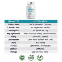 Capsules de complément alimentaire NAD+ Resvératrol Quercétine, antioxydant, santé cellulaire, végétalien, sans sucre, 60 capsules, étiquette privée OEM