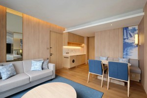Sofá de Tela Neutral con Almacenamiento Integrado, Banqueta, Sillas de Comedor con Bloques de Color, Muebles Minimalistas para Sala de Estar y Comedor de Hotel o Apartamento - Product Image 4