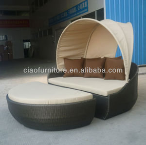 Muebles de ocio al aire libre, tumbona tejida <span class=keywords><strong>a</strong></span> <span class=keywords><strong>mano</strong></span> de exterior, cama de salón de mimbre junto <span class=keywords><strong>a</strong></span> la piscina con otomana y dosel de tela - Product Image 4