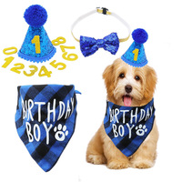 Kit de Décoration Anniversaire pour Animaux de Compagnie Motif Écossais Bleu pour Chats et Chiens avec Bandana, Couronne, Chapeau, Bannière, Ballons Patte et Autocollants Chiffres