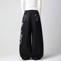 Pantalon en jean large brodé motif dragon style rétro américain – Noir, taille haute, longueur ras du sol