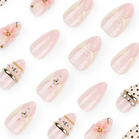 Ongles en acrylique personnalisables à presser, vente en gros, motif floral 3D, dentelle, pois, amande, longueur moyenne, strass dorés, ongles de luxe