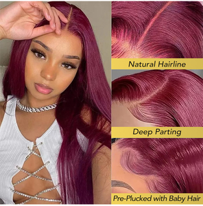 Pelucas de Cabello Humano con Frente de Encaje HD 13x4, Color Rojo Borgoña 99j, Transparentes, Pre-Arrancadas, con Frente de Encaje, Lisas - Product Image 5