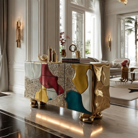 Buffet sculptural en fibre de verre à texture mixte, avec empiècements de couleurs irrégulières, pour salle à manger et salon de villa