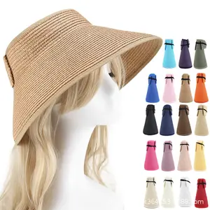 Sun Visor Hats For Women Wide Brim Straw Roll-Up Ponytail Summer Beach Hat UV UPF Packable Foldable Travel