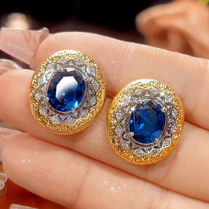 ชุดเครื่องประดับวินเทจรักษ์โลกทองแดงประดับเพชรสีน้ำเงินคิวบิกเซอร์โคเนีย ขนาด 10*12-8*10 มม. ชุดสร้อยคอและต่างหูประดับเพชรสีน้ำเงินเข้มเข้าชุดกัน - Product Image 6
