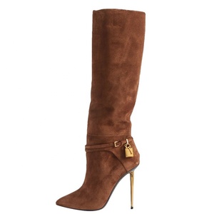 Big Size EU 46 Suede Women Pointy Toe <b>Knee</b> <b>High</b> Boots Stiletto Metal Lock Decor Long Booties <b>High</b> Metal Thin Heels Shoes - Product Image 1
