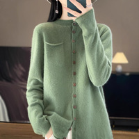 Kardigan Retro Solid 100% Wol untuk Musim Gugur dengan Ujung Berlipat dan Saku, Atasan Rajut Anti Kusut Bergaya Santai Sederhana