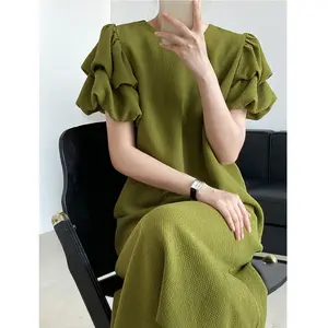 2022 Custom High Quality Women Australian Niche Maternity Dress, French Puff Sleeve Green Straight Lady Dress, Pregnancy Dress
