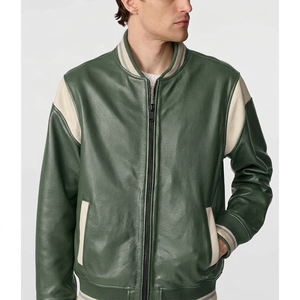 Wholesale <b>Men</b>’s Genuine <b>Leather</b> Varsity <b>Jacket</b> <b>Men's</b> Olive Green PU <b>Leather</b> Bomber <b>Jacket</b> With Cream Panels - Product Image 3
