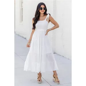 Großhandel benutzer definierte weiße Smocked Tiered Midi Frauen Kleid plus Größe Damen bekleidung Sommer Slip Kleider