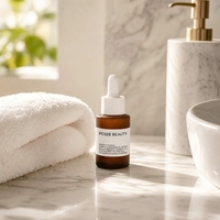 Vente en gros de flacons compte-gouttes en verre ambré givré de 30 ml, bouchon en bois naturel, estampillé or, carré, luxueux, écologique, pour sérum de soin de la peau