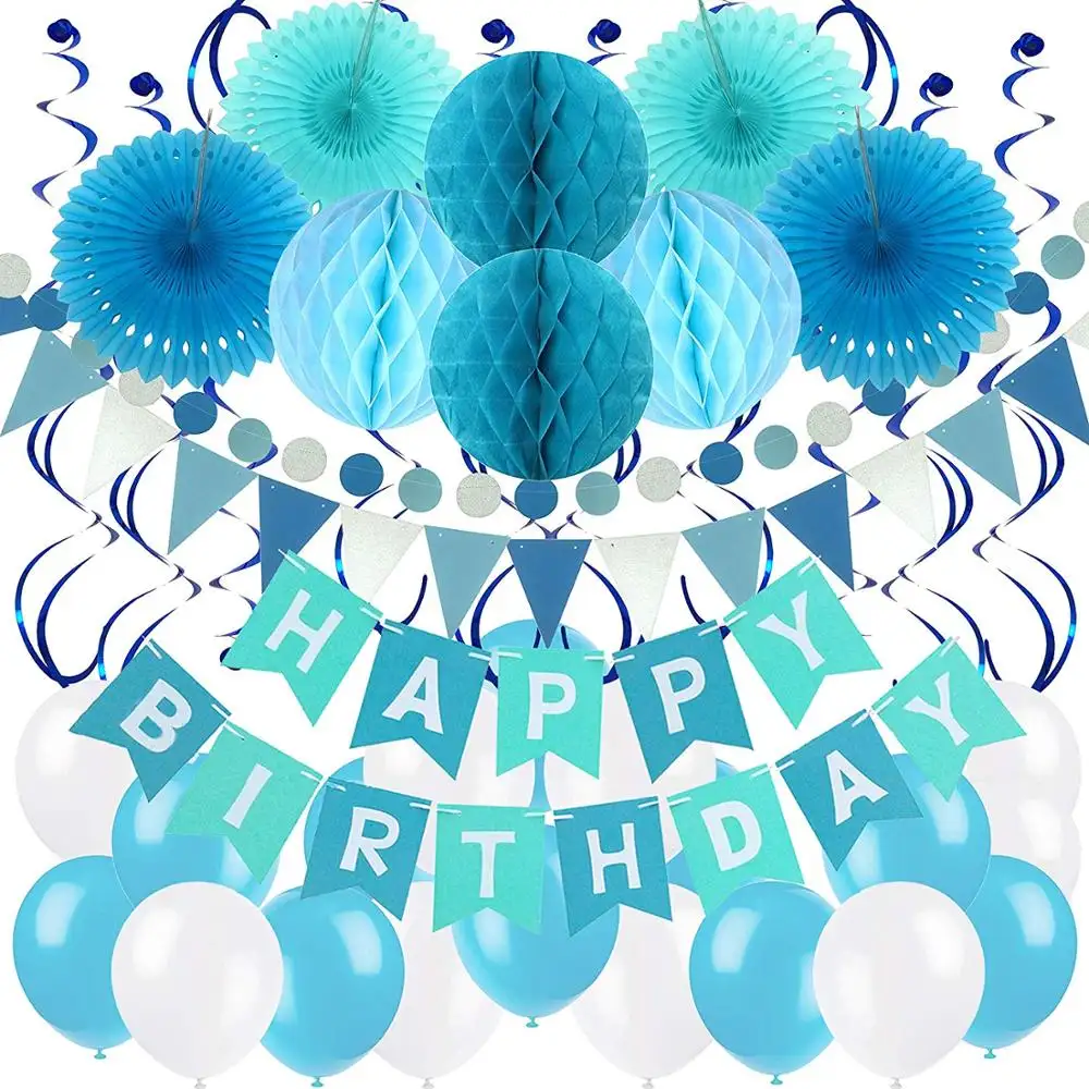 Sky Blauw en Wit Gelukkige Verjaardag Banner met Papier Fans Honeycomb Garland Opknoping Wervelingen en Ballonnen Birthday Party Decor