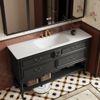 Meuble-lavabo sur pied de style rétro américain avec vasque, armoire en bois massif avec miroir intelligent et rangement pour salles de bain modernes