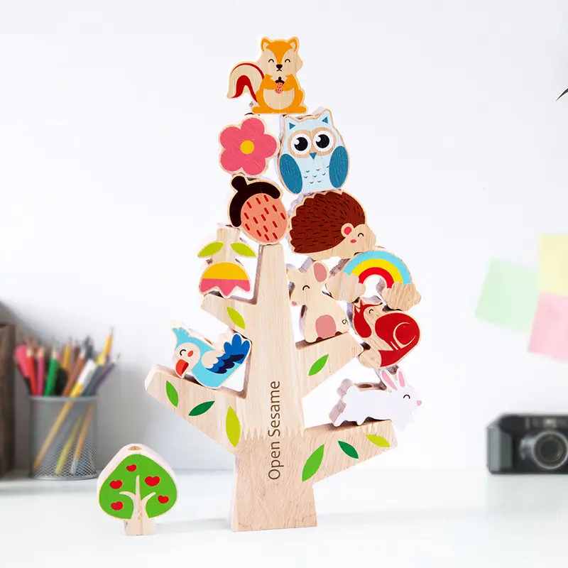Mainan Montessori untuk anak laki-laki perempuan, hewan kayu aman bertali manik-manik susun prasekolah usia 1 2 3 tahun