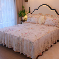 Parure de lit 4 pièces 100 % coton, motif floral crème, jupe de lit princesse à volants en dentelle, sans attaches, taille Queen