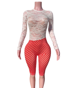 Viviblook D25JP455 Ropa de Mujer, Mono Retro con Escote Corazón, Manga Larga, Espalda Descubierta, Encaje, Lunares, Pantalones Cortos - Product Image 1