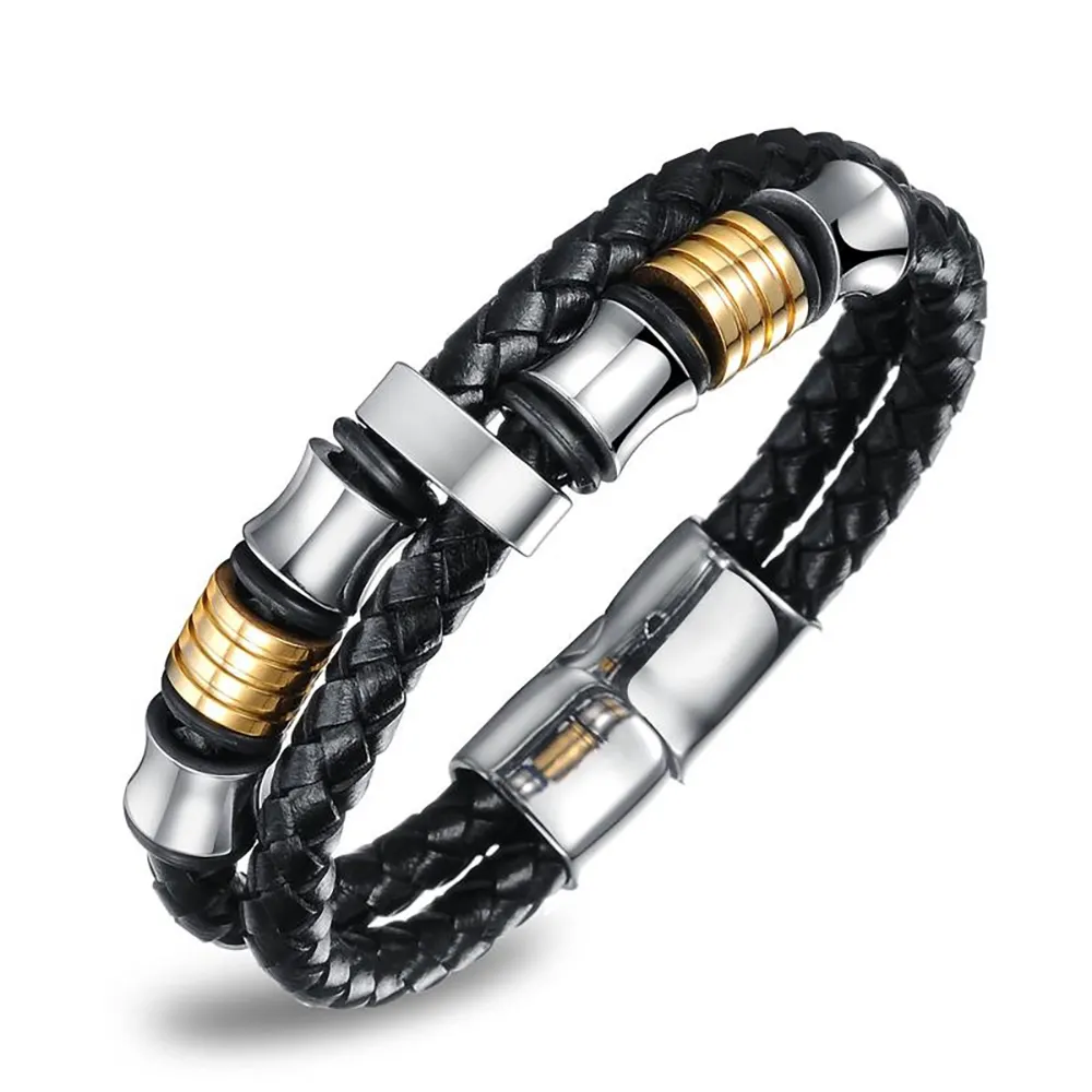 Retro Jewelry Wholesale Stainless Steel Genuine Cow Leather Braided Bracelet Mens Wrap Wristband, OEM/ODM Accept