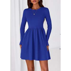 Robe courte de cocktail décontractée à manches longues pour femme, col rond, plissée, avec poche, pour l'automne, fête, modèle personnalisé 2025 - Product Image 4