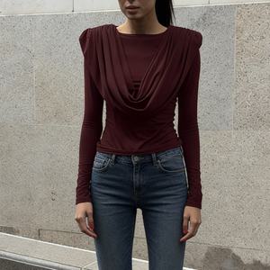 Women's Draped Cowl Neck Long Sleeve <b>Top</b> - Ruched Shoulder Slim Fit Blouse Shirt <b>Top</b> Fashion - Product Image 4