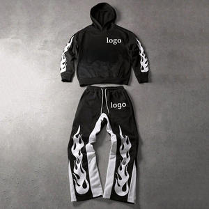 पुरुषों की काली लौ प्रिंट टेरी 100% बुना हुआ कपास शरद ऋतु ट्रैकसूट स्ट्रीटवियर आकस्मिक अनुकूलन दो-टुकड़ा सेट - Product Image 1