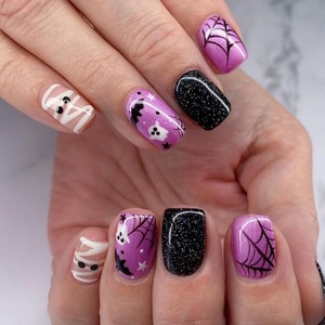 <span class=keywords><strong>Uñas</strong></span> Postizas de Halloween al por Mayor, <span class=keywords><strong>Cortas</strong></span>, Almendradas, Diseño Frankenstein en Verde Neón y Morado, 24 Piezas, Estilo Retro - Product Image 6