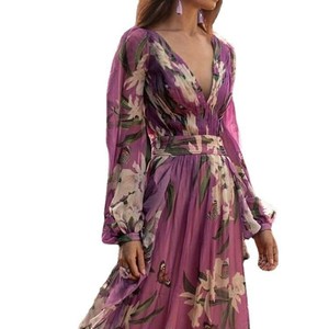 Vestido estilo francés con cuello en V y mangas largas, cintura natural, estampado liso, estilo vacacional otoño/invierno, falda maxi acampanada - Product Image 3