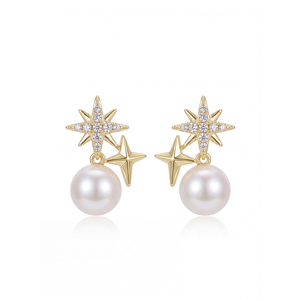 Boucles d'oreilles pendantes en argent S925 plaqué or avec CZ et perle d'eau douce étoile du Nord, bijoux célestes, cadeau pour femme - Product Image 1